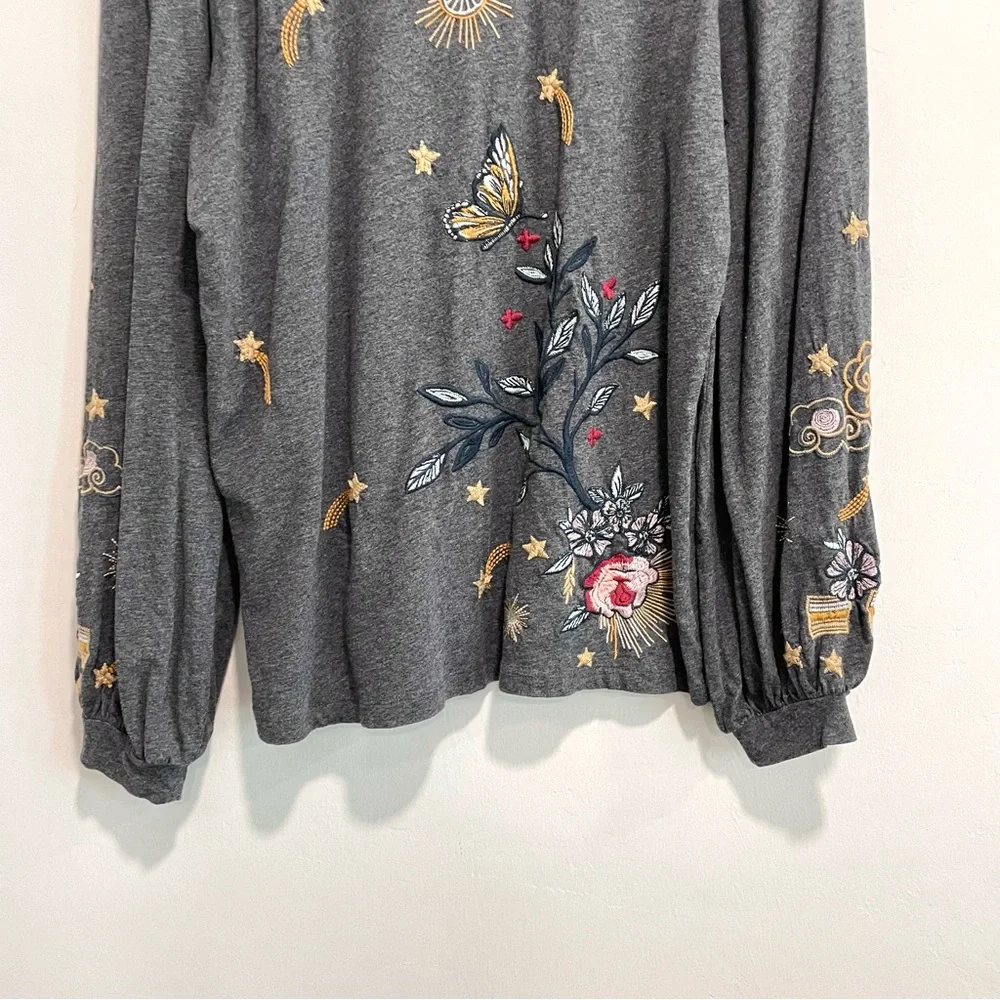 Johnny Was Selah Cuffed Puff Long Sleeve Embroidered Floral Celestial Bird Top